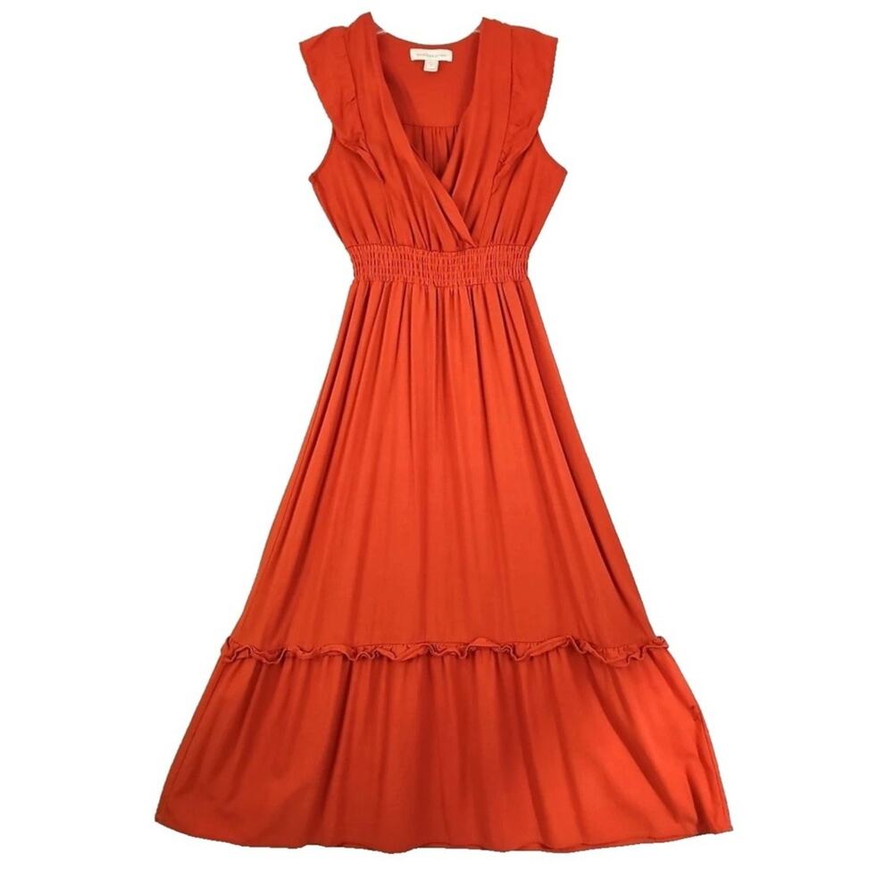 Monteau Los Angeles ~Woman Size L Orange Linen Blend V Neck Ruffle Maxi Dress.